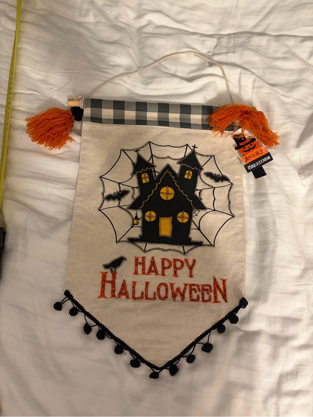 NWT Halloween 'Happy Halloween' cotton Banner Orange Tassels embroidered beaded